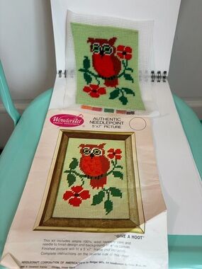 Vintage 70s WonderArt “Give A Hoot” Bright Owl Completed Needlepoint